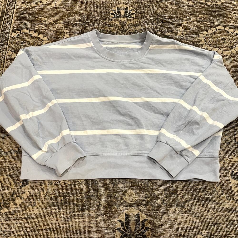 Lululemon Perfectly Oversized Cropped Crew Stripe White Blue Women's Size 6